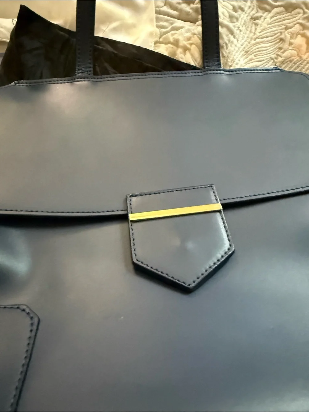 Tano Navy Blue Structured Satchel with Gold Accent
